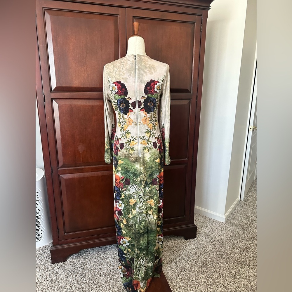 Alice + Olivia Beige Maxi Dress with Green and Burgundy Floral Print - Picture 4 of 8